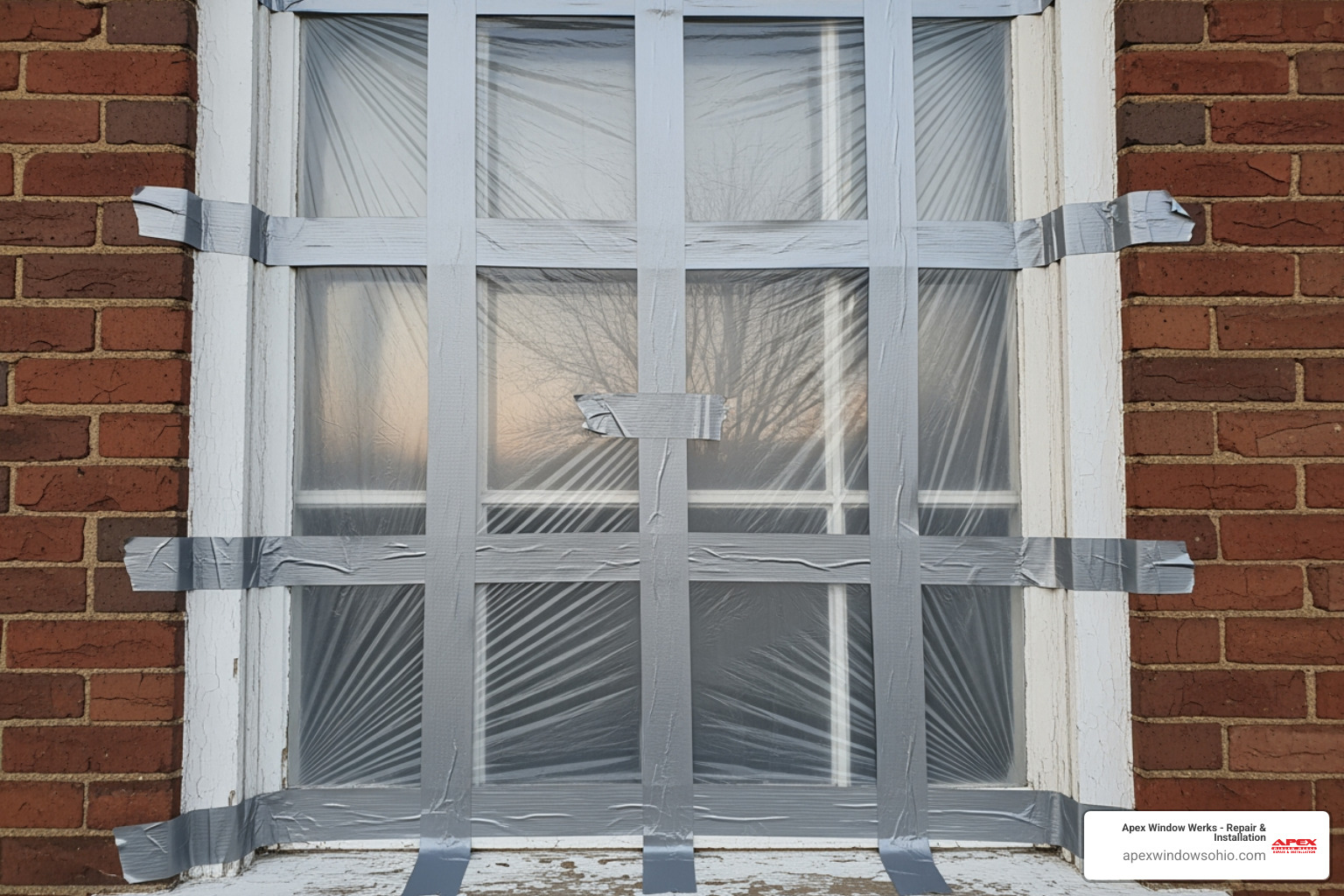 A window temporarily covered with heavy-duty plastic and duct tape - broken window pane repair