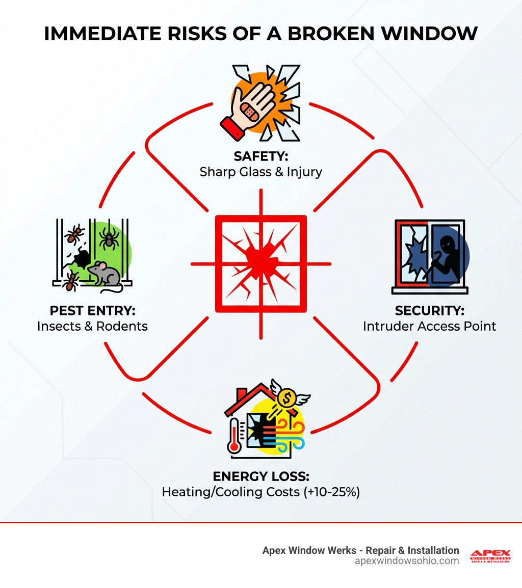 Infographic showing the four immediate risks of a broken window: Safety (sharp glass edges causing injury), Security (easy entry point for intruders), Energy Loss (heating and cooling costs rising 10-25%), and Pest Entry (insects and rodents finding access) - broken window pane repair infographic 