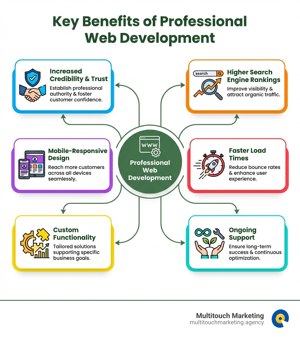 Infographic showing the key benefits of professional web development: increased credibility and trust, higher search engine rankings, mobile-responsive design reaching more customers, faster load times reducing bounce rates, custom functionality supporting business goals, and ongoing support ensuring long-term success - raleigh web development infographic Infographic showing the key benefits of professional web development: increased credibility and trust, higher search engine rankings, mobile-responsive design reaching more customers, faster load times reducing bounce rates, custom functionality supporting business goals, and ongoing support ensuring long-term success - raleigh web development infographic