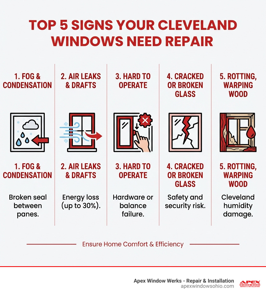 Infographic showing the top 5 signs your Cleveland windows need repair: 1. Condensation or fog between glass panes (broken seal), 2. Visible drafts or cold spots near windows (air leaks costing you 30% in energy loss), 3. Difficulty opening, closing, or locking windows (hardware or balance failure), 4. Cracked, chipped, or broken glass (safety and security risk), 5. Rotting, warping, or peeling wood frames (Cleveland humidity damage) - window repair in cleveland ohio infographic 