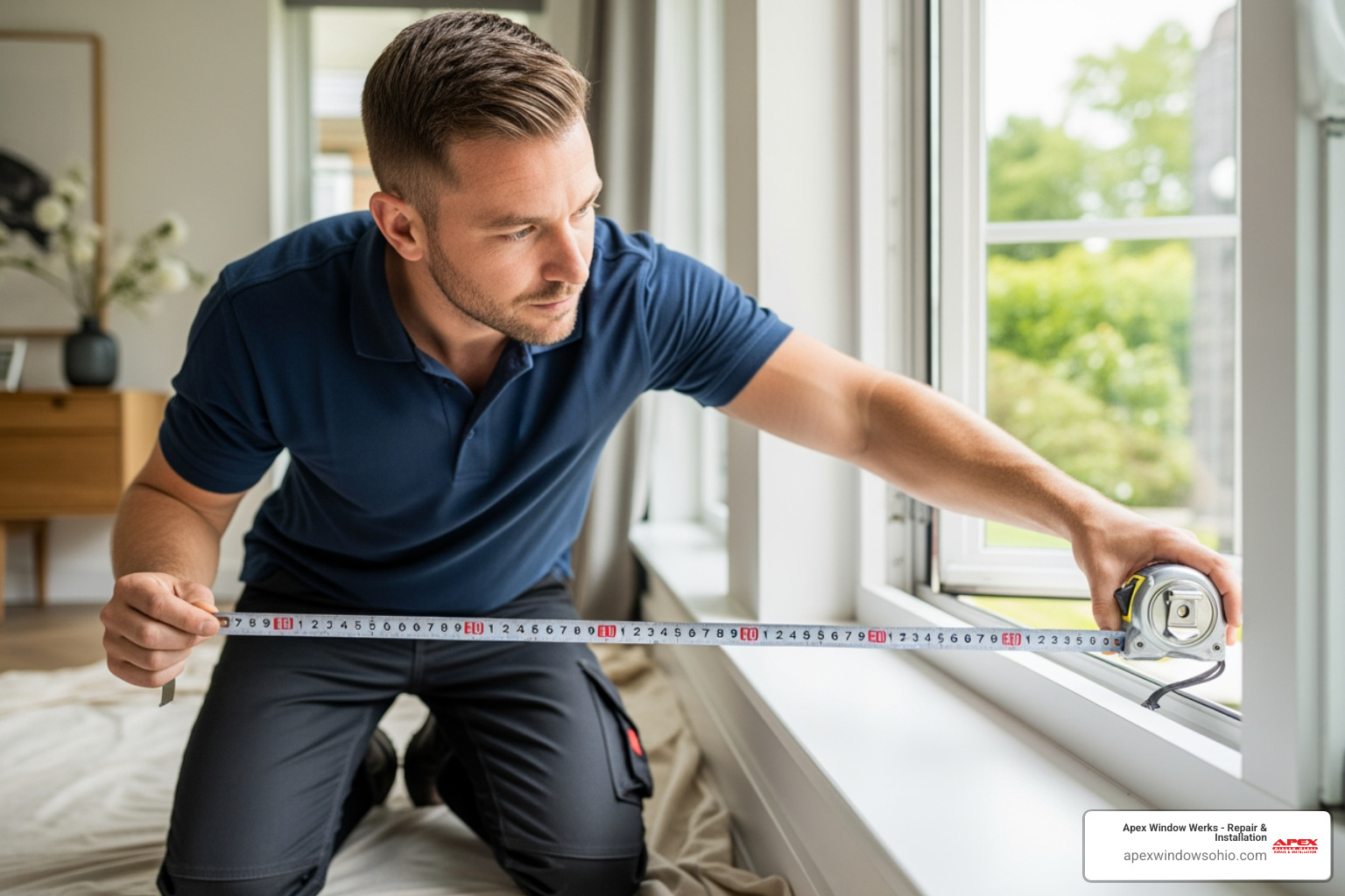 Professional installer carefully measuring a window opening - window installation service