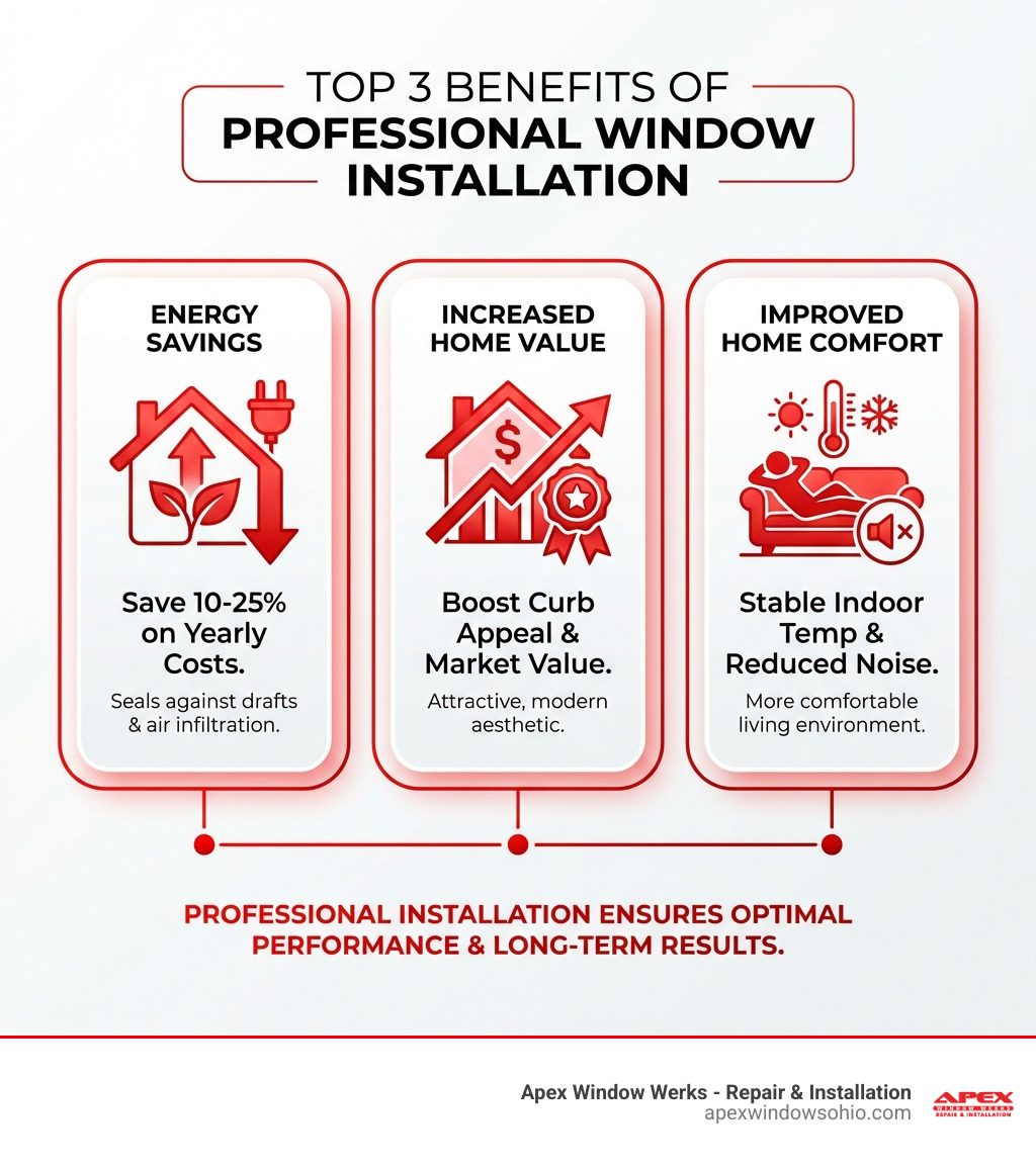 Infographic showing top 3 benefits of professional window installation: energy savings, increased home value, and improved home comfort - window installation service infographic 
