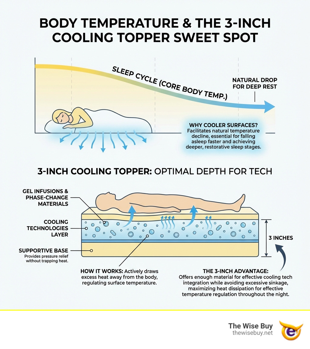 infographic showing how body temperature naturally drops during sleep cycle, with annotations explaining why cooler sleep surfaces support deeper rest and how 3-inch toppers provide optimal depth for cooling technologies like gel infusions and phase-change materials to work effectively - 3 cooling mattress topper infographic 