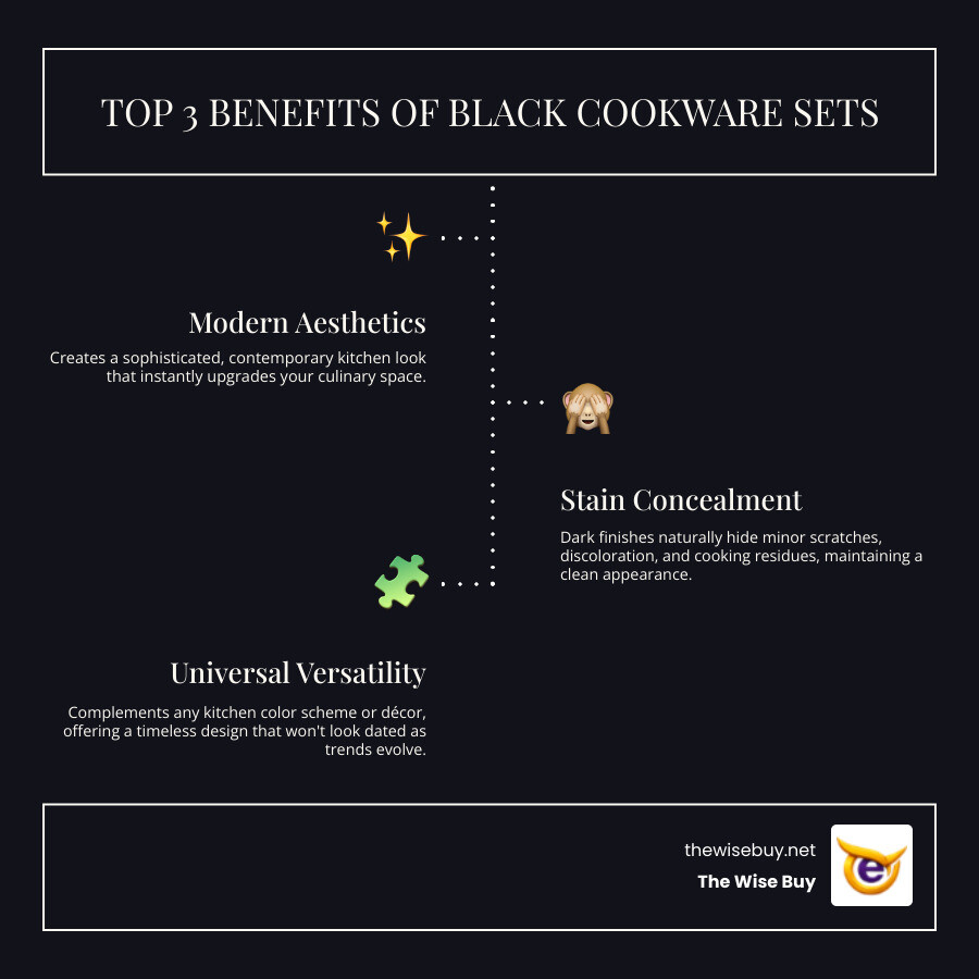 infographic showing three key benefits of black cookware sets: 1) Modern Aesthetics with image of sleek black pans in contemporary kitchen 2) Stain Concealment with comparison of visible wear on light versus dark cookware 3) Versatility with black cookware shown across traditional, modern, and minimalist kitchen styles - cookware set black infographic infographic-line-3-steps-dark infographic showing three key benefits of black cookware sets: 1) Modern Aesthetics with image of sleek black pans in contemporary kitchen 2) Stain Concealment with comparison of visible wear on light versus dark cookware 3) Versatility with black cookware shown across traditional, modern, and minimalist kitchen styles - cookware set black infographic infographic-line-3-steps-dark