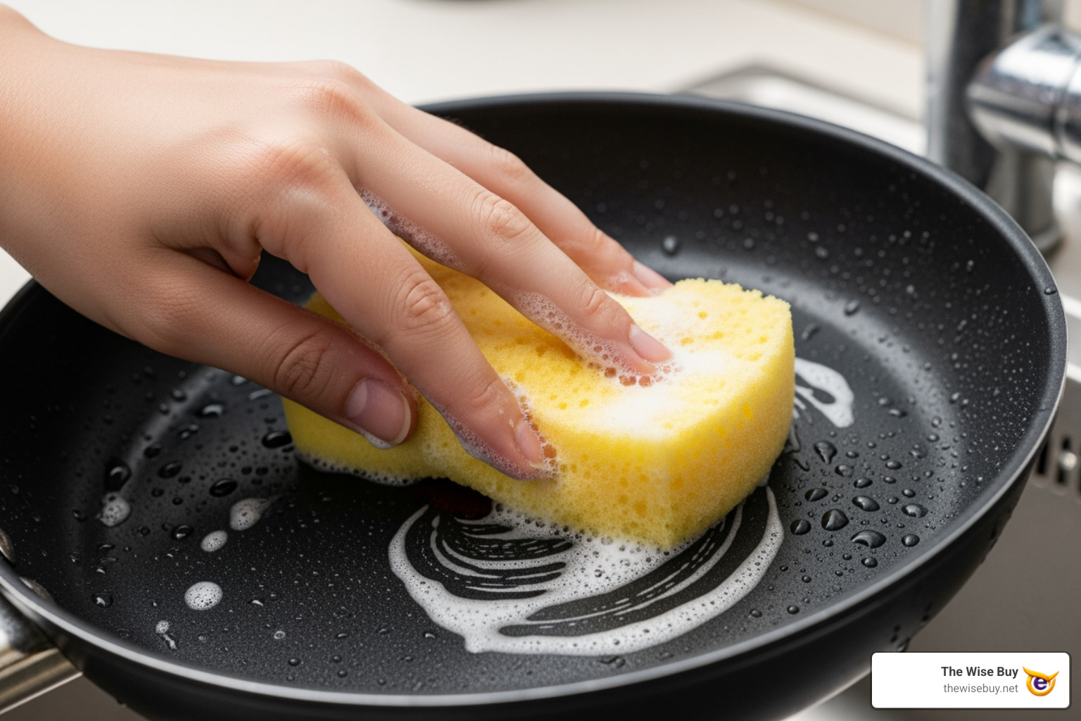 Image of a hand gently washing a black non-stick pan with a soft sponge - cookware set black Image of a hand gently washing a black non-stick pan with a soft sponge - cookware set black