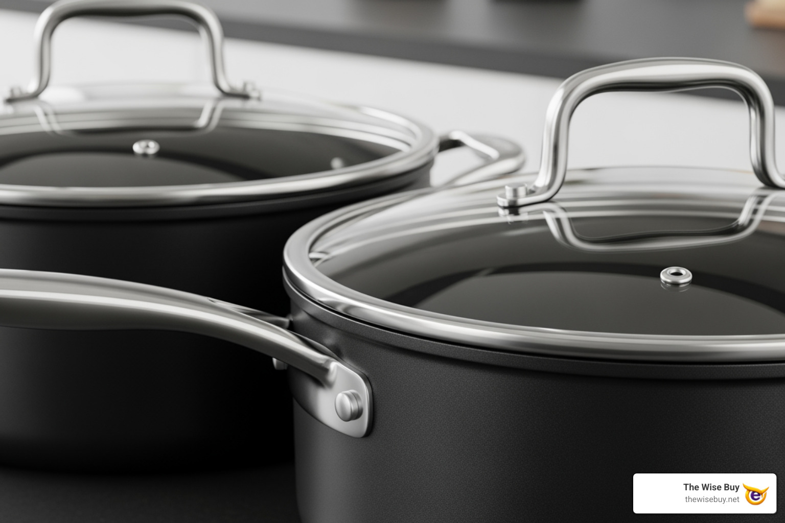 Close-up of a black cookware set showing a riveted handle and a vented glass lid - cookware set black Close-up of a black cookware set showing a riveted handle and a vented glass lid - cookware set black