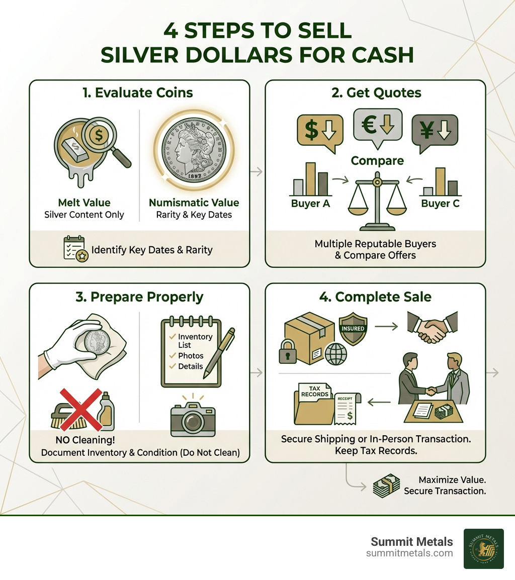 Infographic showing 4 steps to sell silver dollars: 1. Evaluate your coins for melt value vs numismatic value and identify key dates, 2. Get quotes from multiple reputable buyers and compare offers, 3. Prepare coins properly without cleaning them and document your inventory, 4. Complete the sale securely with insured shipping or in-person transaction and keep records for taxes - selling silver dollars for cash infographic 