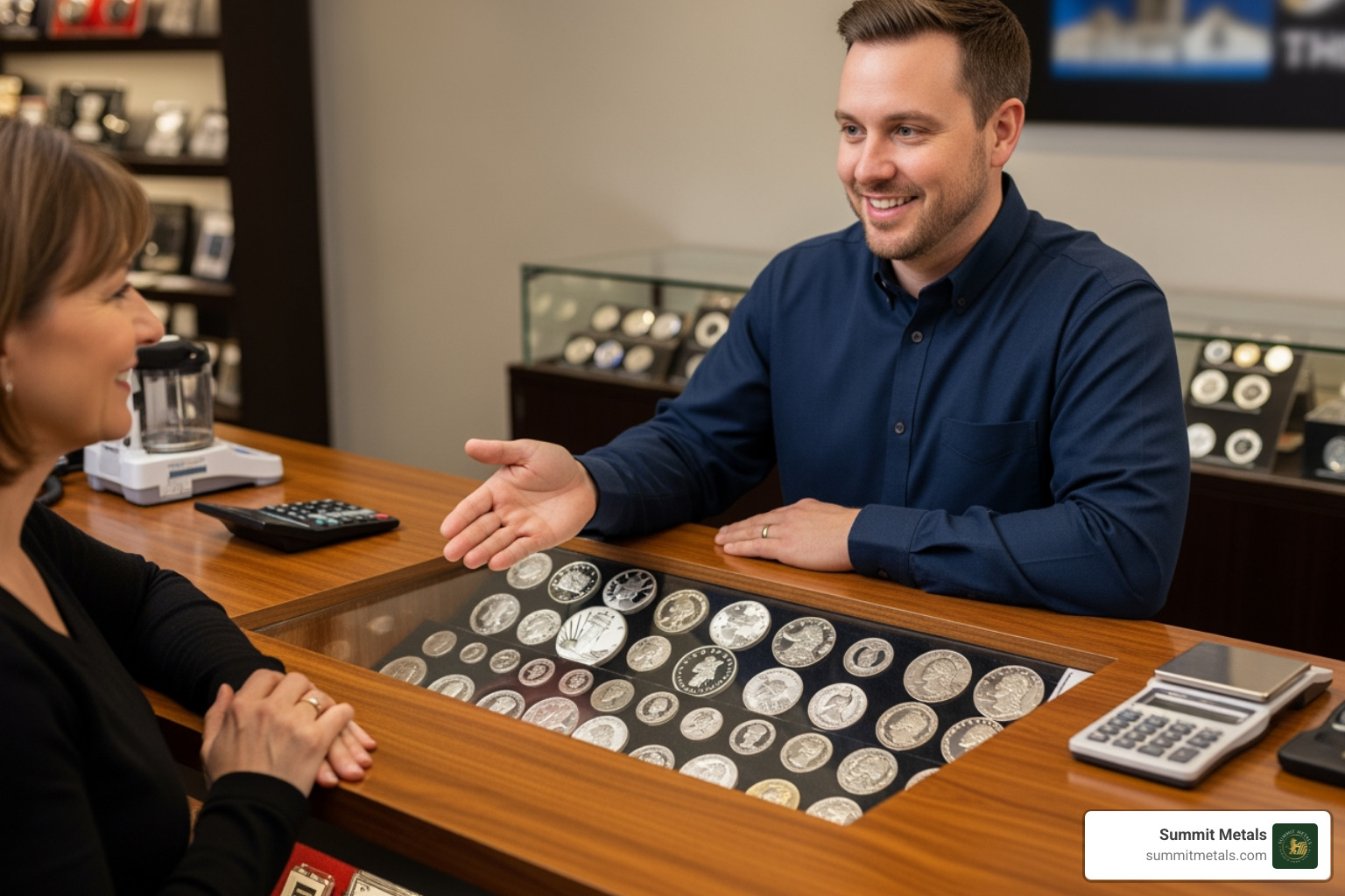 Summit Metals representative at a counter - selling silver dollars for cash
