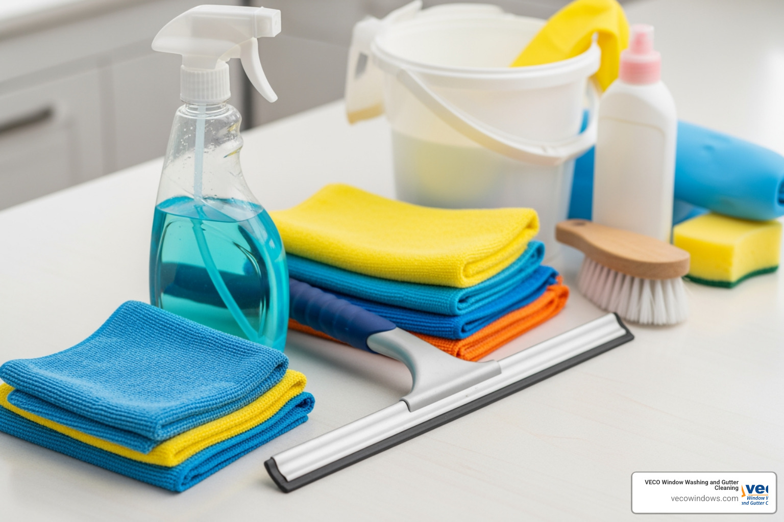 DIY window cleaning tools like a squeegee, microfiber cloths, and a spray bottle - double pane window cleaning service DIY window cleaning tools like a squeegee, microfiber cloths, and a spray bottle - double pane window cleaning service