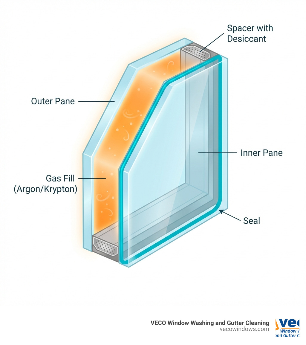 Infographic showing the anatomy of a double-pane window: two glass panes separated by a spacer bar, sealed edges, and a gas-filled space between the panes for insulation. Labels indicate the outer pane, inner pane, seal, gas fill (argon/krypton), and spacer with desiccant. - double pane window cleaning service infographic Infographic showing the anatomy of a double-pane window: two glass panes separated by a spacer bar, sealed edges, and a gas-filled space between the panes for insulation. Labels indicate the outer pane, inner pane, seal, gas fill (argon/krypton), and spacer with desiccant. - double pane window cleaning service infographic