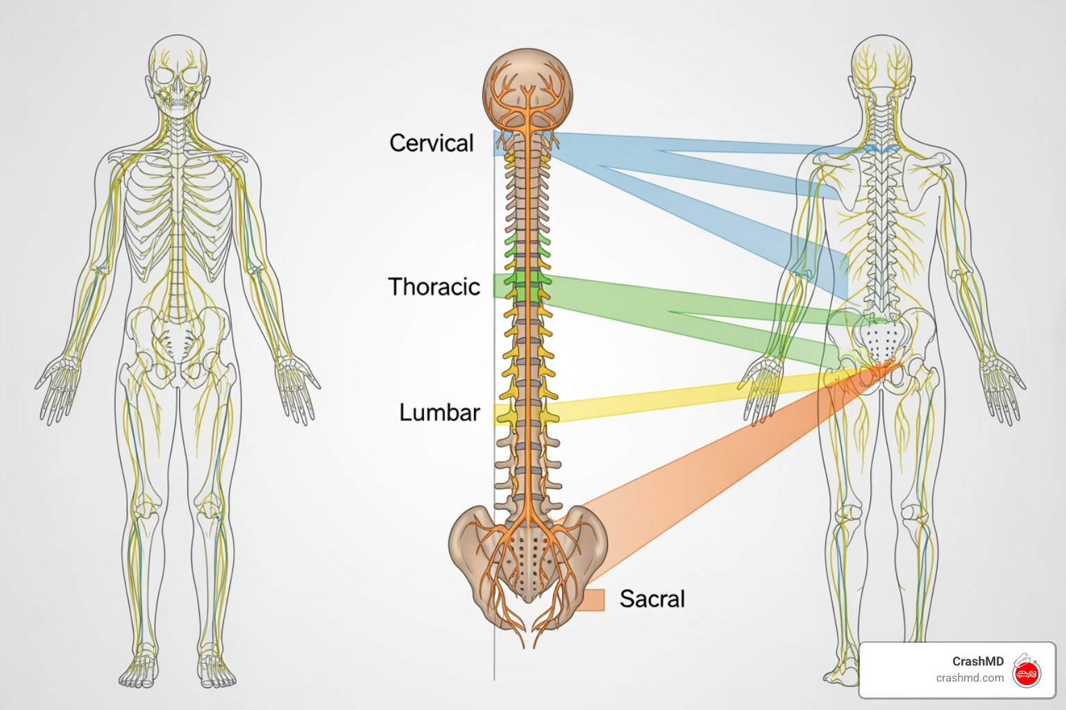diagram showing spinal cord levels and the corresponding affected body parts - spinal injury symptoms