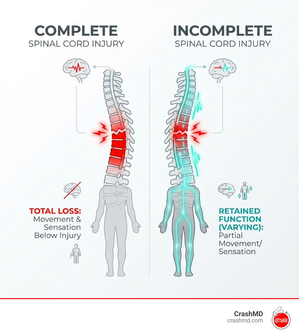 infographic explaining the difference between a complete and incomplete spinal cord injury, with complete injuries blocking all nerve signals below the injury site resulting in total loss of movement and sensation, and incomplete injuries allowing partial nerve signals to pass through resulting in varying degrees of retained function - spinal injury symptoms infographic 