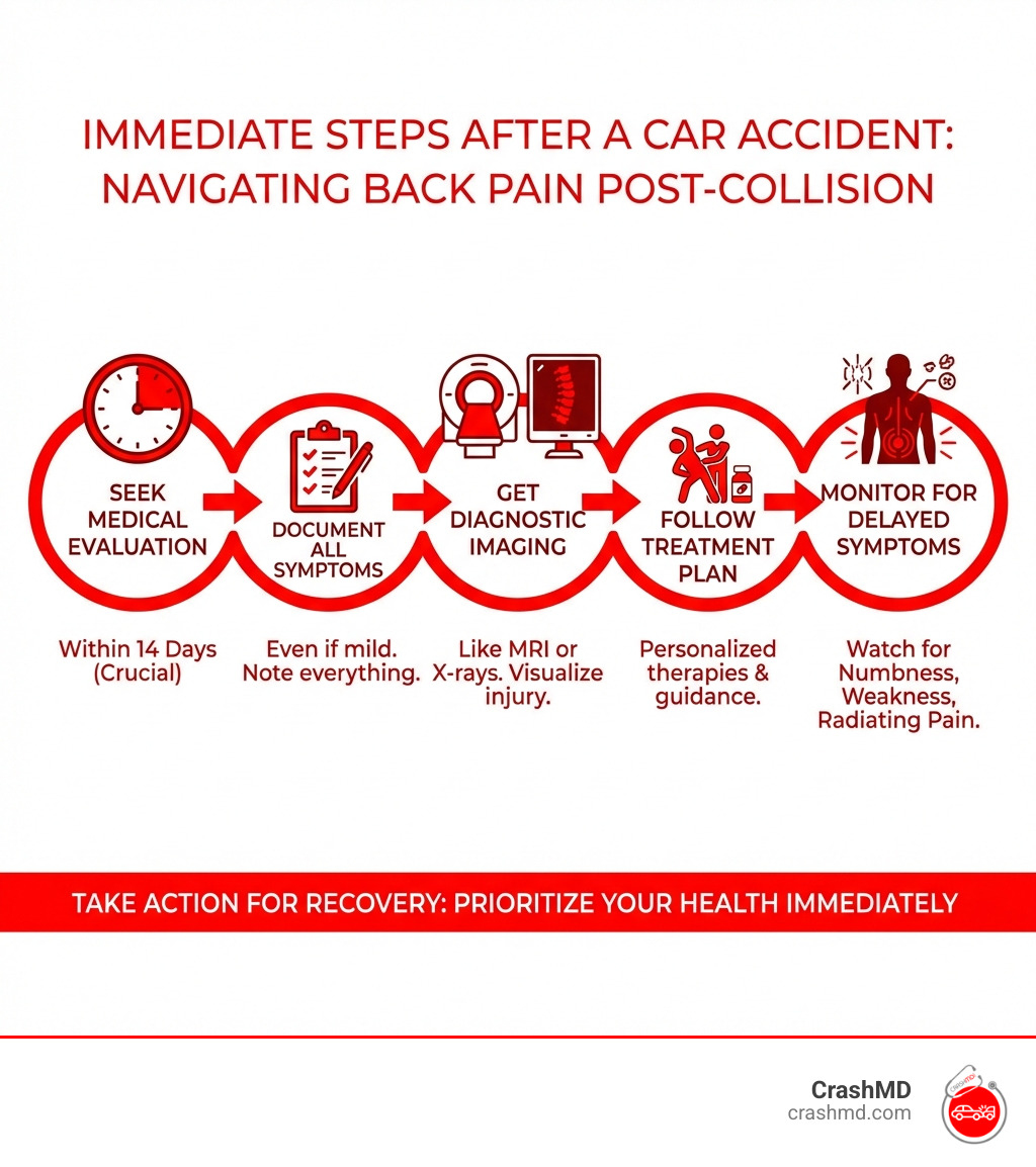 infographic showing immediate steps after a car accident including seeking medical evaluation within 14 days, documenting all symptoms even if mild, getting diagnostic imaging like MRI or X-rays, following a personalized treatment plan, and monitoring for delayed symptoms like numbness, weakness, or radiating pain - back pain car accident infographic infographic showing immediate steps after a car accident including seeking medical evaluation within 14 days, documenting all symptoms even if mild, getting diagnostic imaging like MRI or X-rays, following a personalized treatment plan, and monitoring for delayed symptoms like numbness, weakness, or radiating pain - back pain car accident infographic
