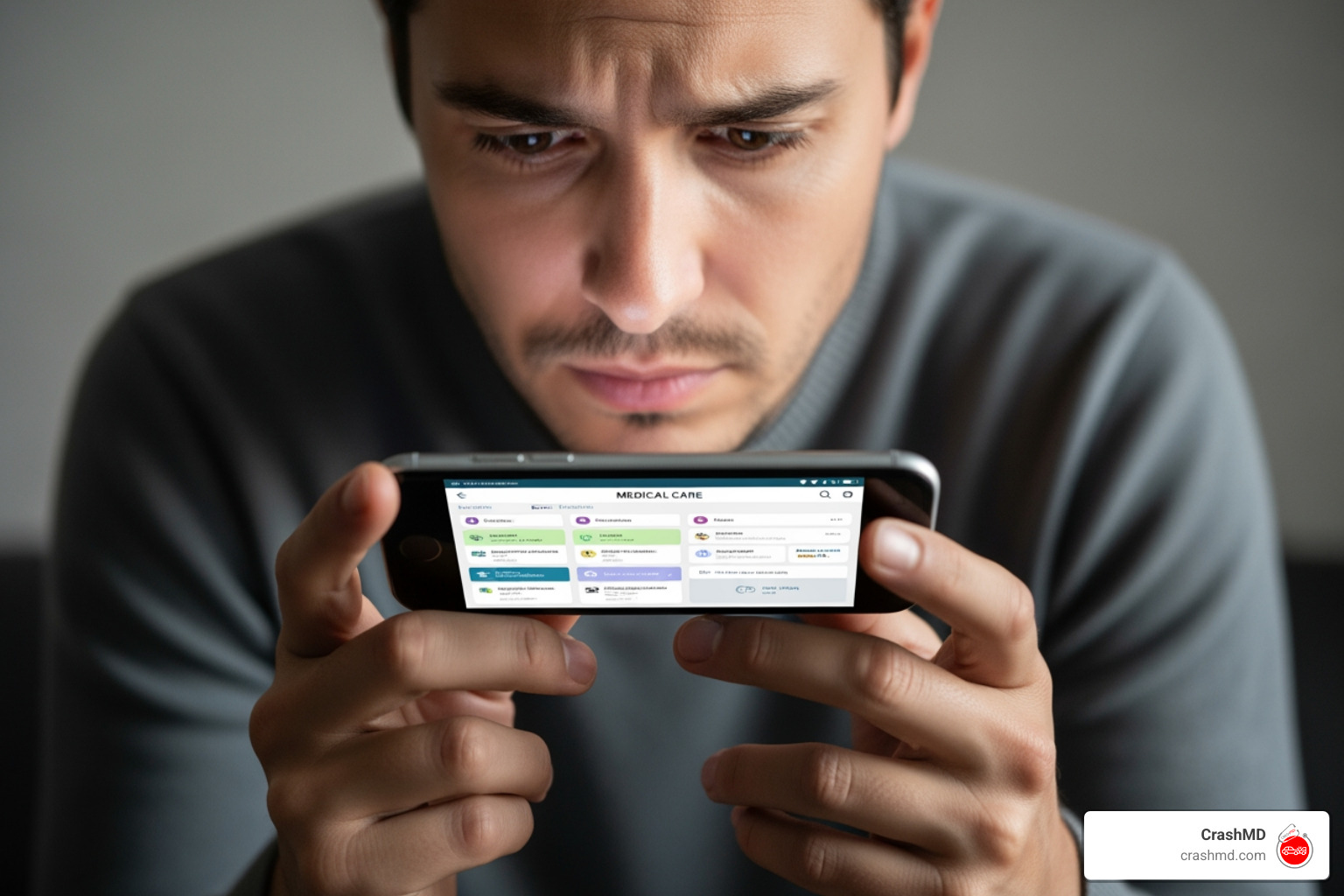 A person thoughtfully looking at their phone, deciding where to go for care - urgent care for car accident A person thoughtfully looking at their phone, deciding where to go for care - urgent care for car accident