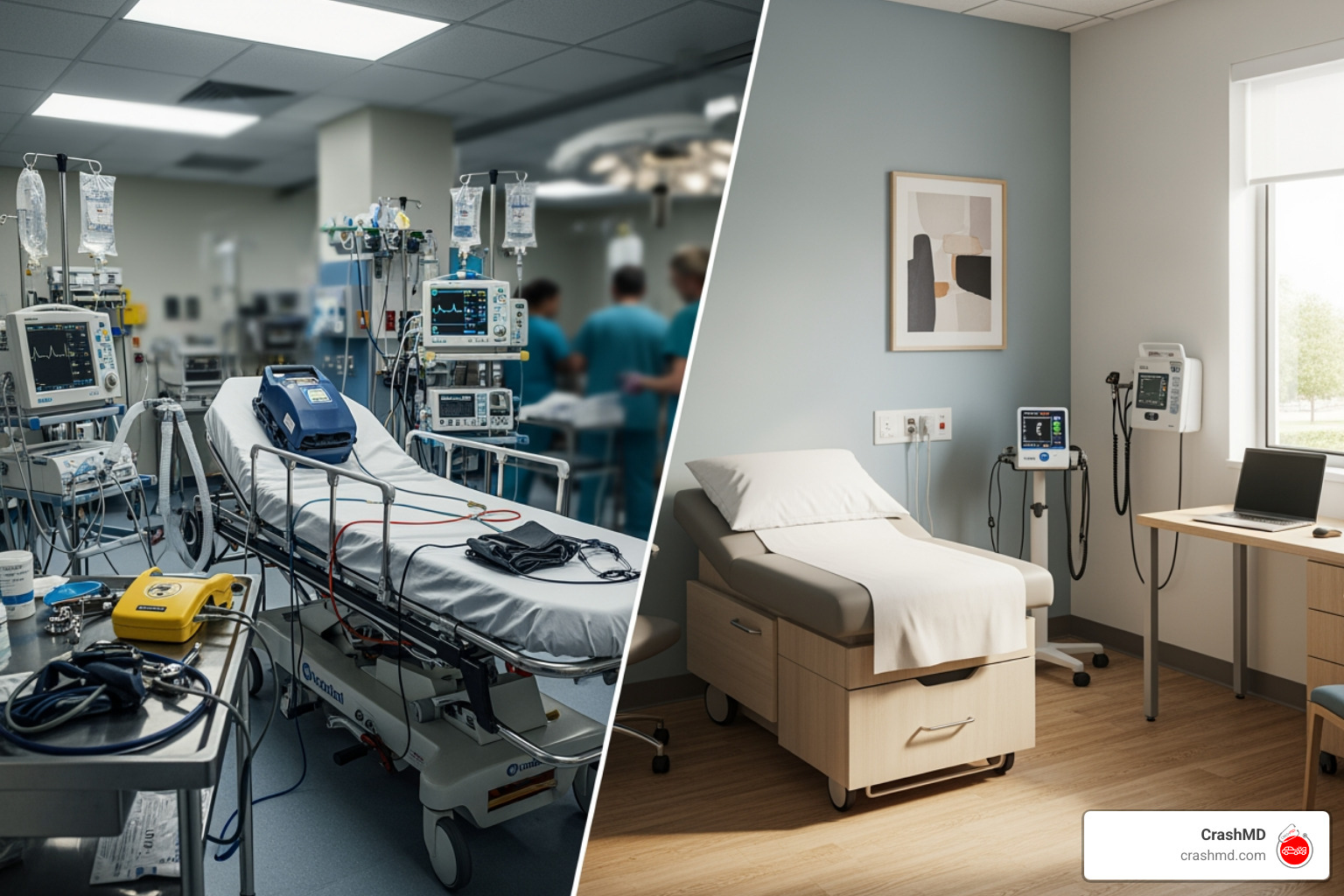 A split screen showing an ER trauma bay on one side and a clean, efficient urgent care exam room on the other - urgent care for car accident A split screen showing an ER trauma bay on one side and a clean, efficient urgent care exam room on the other - urgent care for car accident