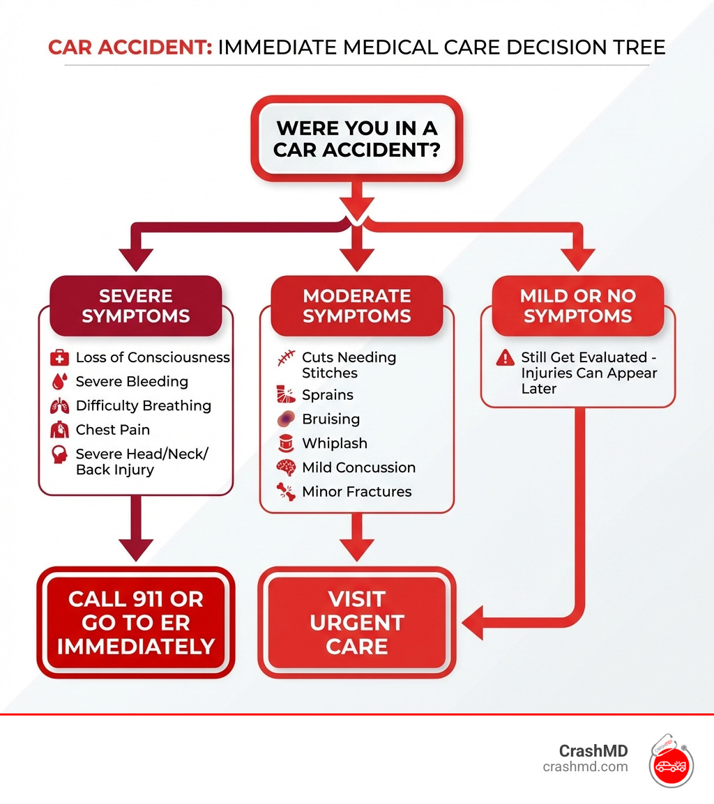 Infographic showing a decision tree: Start with "Were you in a car accident?" then branch to symptom assessment - severe symptoms (loss of consciousness, severe bleeding, difficulty breathing, chest pain, severe head/neck/back injury) lead to "Call 911 or Go to ER Immediately"; moderate symptoms (cuts needing stitches, sprains, bruising, whiplash, mild concussion, minor fractures) lead to "Visit Urgent Care"; mild or no symptoms lead to "Still Get Evaluated - Injuries Can Appear Later" with arrow to urgent care - urgent care for car accident infographic Infographic showing a decision tree: Start with "Were you in a car accident?" then branch to symptom assessment - severe symptoms (loss of consciousness, severe bleeding, difficulty breathing, chest pain, severe head/neck/back injury) lead to "Call 911 or Go to ER Immediately"; moderate symptoms (cuts needing stitches, sprains, bruising, whiplash, mild concussion, minor fractures) lead to "Visit Urgent Care"; mild or no symptoms lead to "Still Get Evaluated - Injuries Can Appear Later" with arrow to urgent care - urgent care for car accident infographic