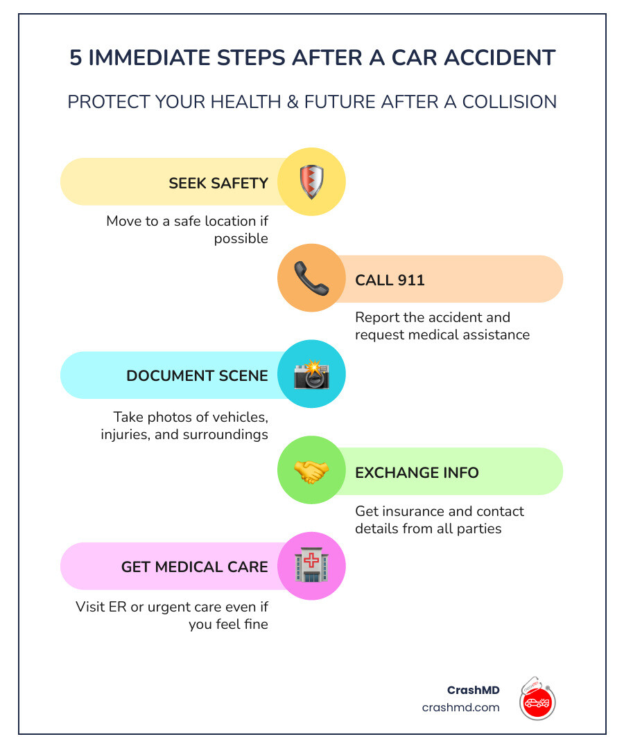 Infographic showing 5 immediate steps after a car accident: 1. Seek Safety - Move to a safe location if possible, 2. Call 911 - Report the accident and request medical assistance, 3. Document Scene - Take photos of vehicles, injuries, and surroundings, 4. Exchange Info - Get insurance and contact details from all parties, 5. Get Medical Care - Visit ER or urgent care even if you feel fine - Car crash injury treatment infographic infographic-line-5-steps-colors Infographic showing 5 immediate steps after a car accident: 1. Seek Safety - Move to a safe location if possible, 2. Call 911 - Report the accident and request medical assistance, 3. Document Scene - Take photos of vehicles, injuries, and surroundings, 4. Exchange Info - Get insurance and contact details from all parties, 5. Get Medical Care - Visit ER or urgent care even if you feel fine - Car crash injury treatment infographic infographic-line-5-steps-colors