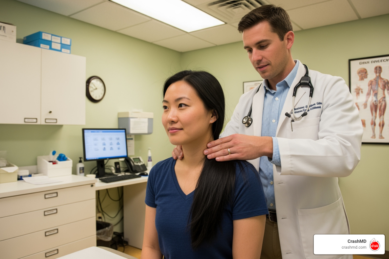 doctor performing physical examination - Whiplash treatment car accident doctor performing physical examination - Whiplash treatment car accident