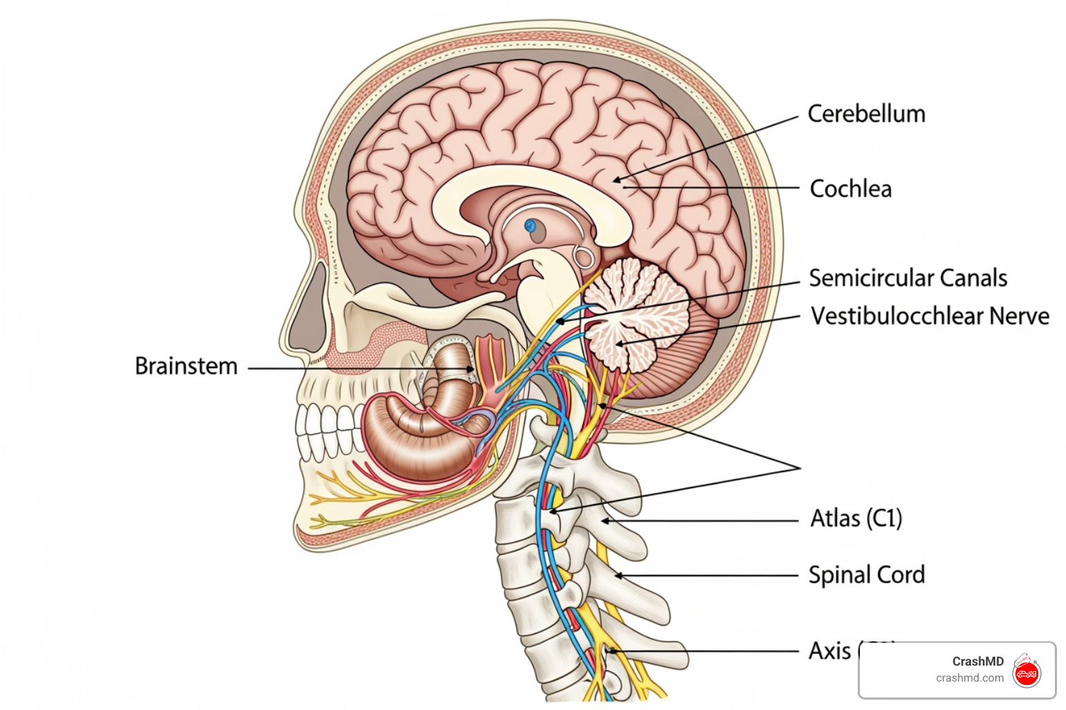 illustration showing the connection between the neck, inner ear, and brain - dizziness after accident