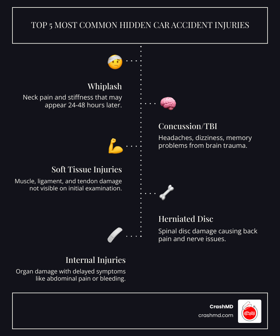 Infographic showing the top 5 most common hidden car accident injuries: 1. Whiplash - neck pain and stiffness that may appear 24-48 hours later, 2. Concussion/Traumatic Brain Injury - headaches, dizziness, memory problems from brain trauma, 3. Soft Tissue Injuries - muscle, ligament, and tendon damage not visible on initial examination, 4. Herniated Disc - spinal disc damage causing back pain and nerve issues, 5. Internal Injuries - organ damage with delayed symptoms like abdominal pain or bleeding - car accident doctor near me infographic infographic-line-5-steps-dark Infographic showing the top 5 most common hidden car accident injuries: 1. Whiplash - neck pain and stiffness that may appear 24-48 hours later, 2. Concussion/Traumatic Brain Injury - headaches, dizziness, memory problems from brain trauma, 3. Soft Tissue Injuries - muscle, ligament, and tendon damage not visible on initial examination, 4. Herniated Disc - spinal disc damage causing back pain and nerve issues, 5. Internal Injuries - organ damage with delayed symptoms like abdominal pain or bleeding - car accident doctor near me infographic infographic-line-5-steps-dark