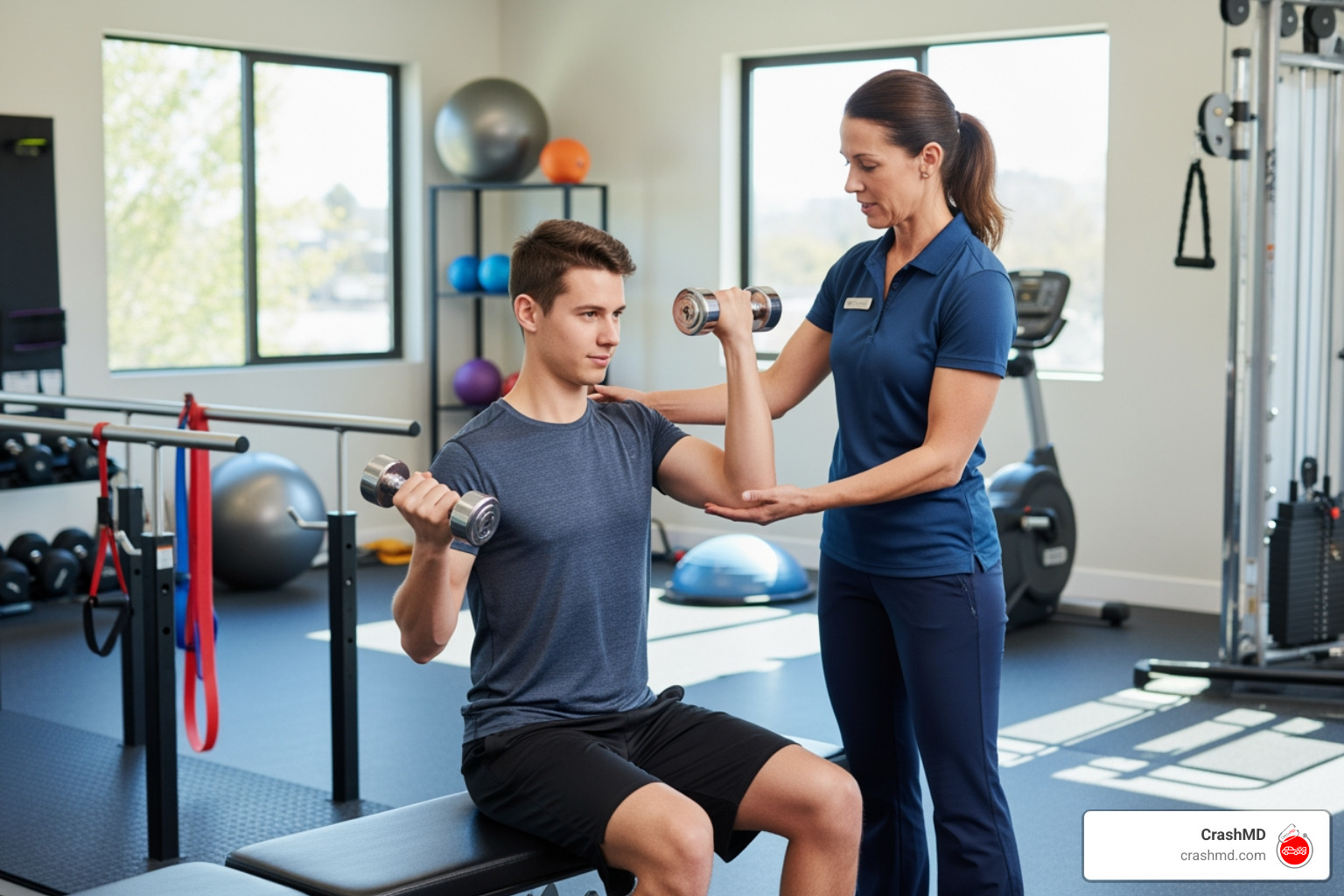 Patient performing a guided strengthening exercise with a physiotherapist - accident injury rehabilitation Patient performing a guided strengthening exercise with a physiotherapist - accident injury rehabilitation