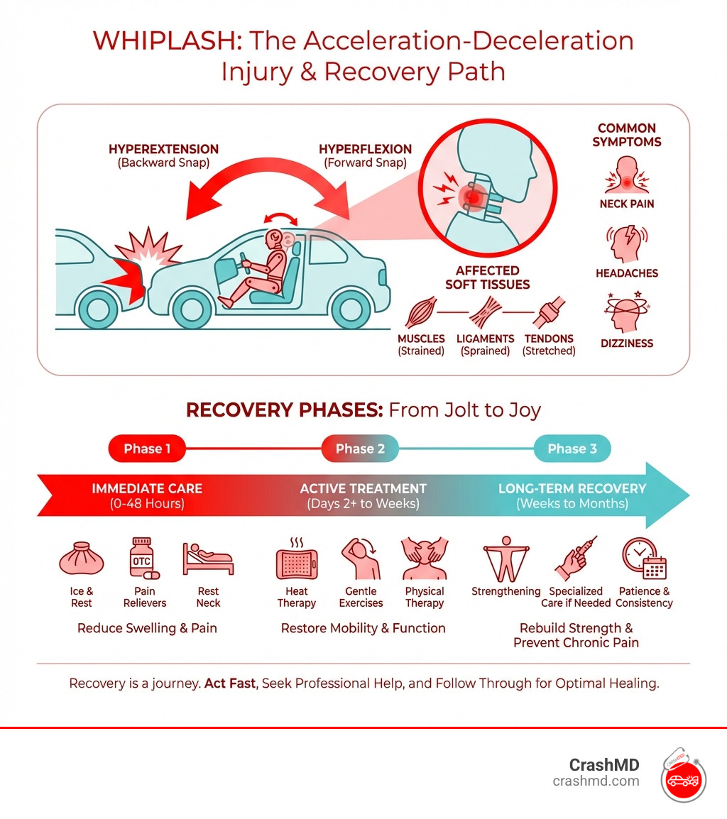 infographic showing the acceleration-deceleration mechanism of whiplash injury in a car accident, with arrows indicating the forward and backward motion of the head and neck, labels for affected soft tissues (muscles, ligaments, tendons), common symptoms (neck pain, headaches, dizziness), and a timeline showing immediate care, active treatment, and long-term recovery phases - Whiplash treatment car accident infographic infographic showing the acceleration-deceleration mechanism of whiplash injury in a car accident, with arrows indicating the forward and backward motion of the head and neck, labels for affected soft tissues (muscles, ligaments, tendons), common symptoms (neck pain, headaches, dizziness), and a timeline showing immediate care, active treatment, and long-term recovery phases - Whiplash treatment car accident infographic