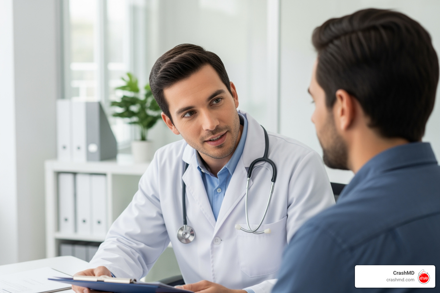 of a doctor compassionately explaining a treatment plan to a patient - car accident injury doctor of a doctor compassionately explaining a treatment plan to a patient - car accident injury doctor