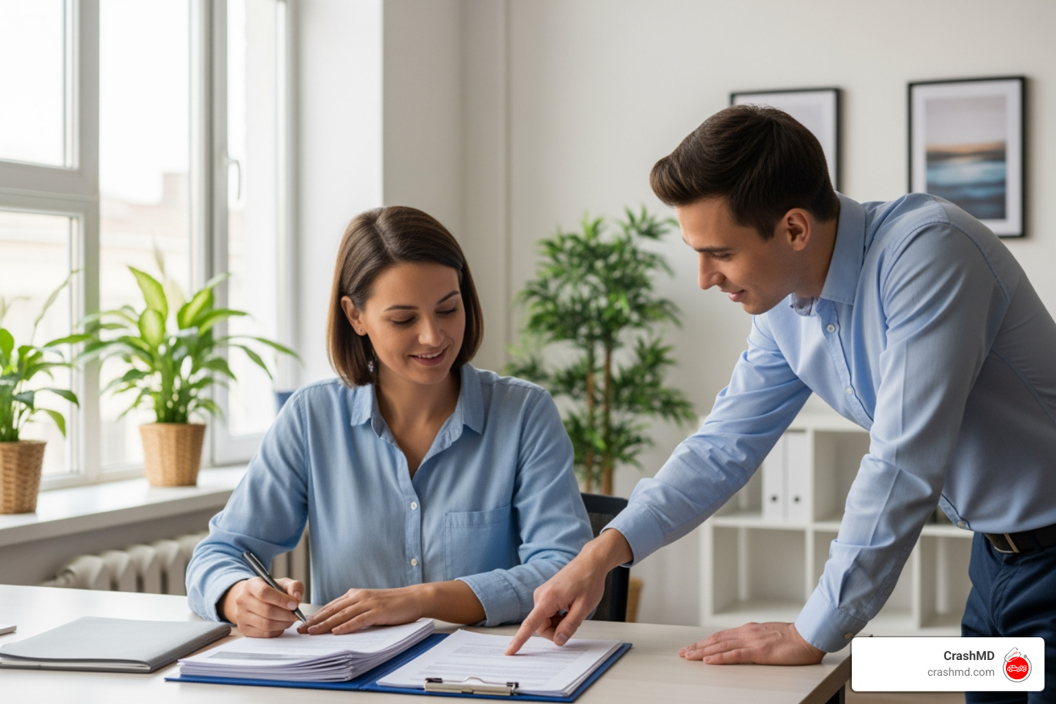 Person calmly reviewing paperwork with a supportive professional in a bright office - accident injury rehabilitation Person calmly reviewing paperwork with a supportive professional in a bright office - accident injury rehabilitation