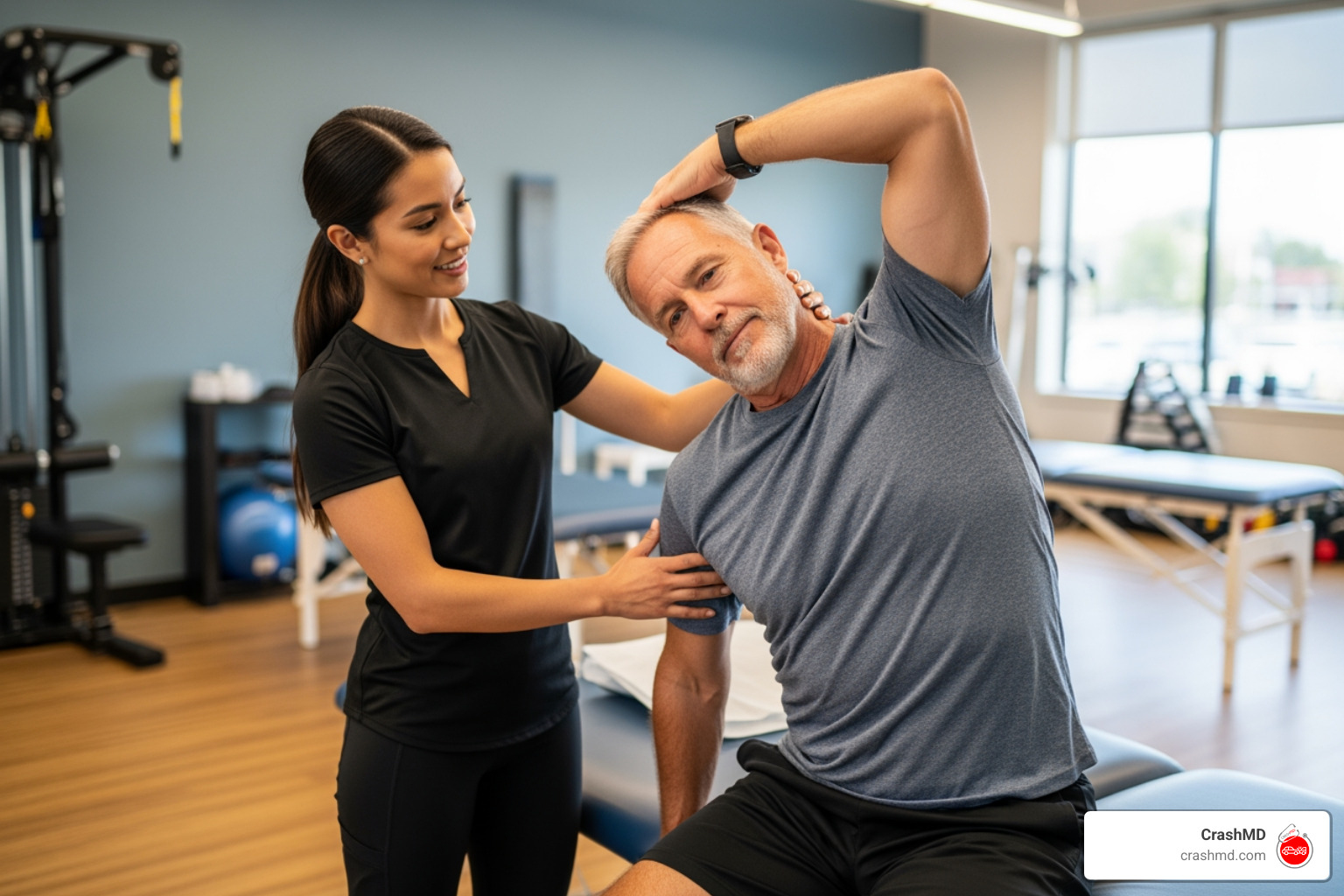 A physical therapist assists a patient with gentle stretches, focusing on their back and neck. - car accident doctor near me A physical therapist assists a patient with gentle stretches, focusing on their back and neck. - car accident doctor near me