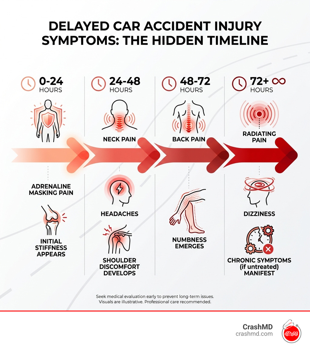 Infographic showing the timeline of delayed injury symptoms after a car accident: 0-24 hours showing adrenaline masking pain and initial stiffness appearing; 24-48 hours showing neck pain, headaches, and shoulder discomfort developing; 48-72 hours showing back pain and numbness emerging; 72+ hours showing radiating pain, dizziness, and chronic symptoms manifesting if untreated - car accident injury doctor infographic Infographic showing the timeline of delayed injury symptoms after a car accident: 0-24 hours showing adrenaline masking pain and initial stiffness appearing; 24-48 hours showing neck pain, headaches, and shoulder discomfort developing; 48-72 hours showing back pain and numbness emerging; 72+ hours showing radiating pain, dizziness, and chronic symptoms manifesting if untreated - car accident injury doctor infographic