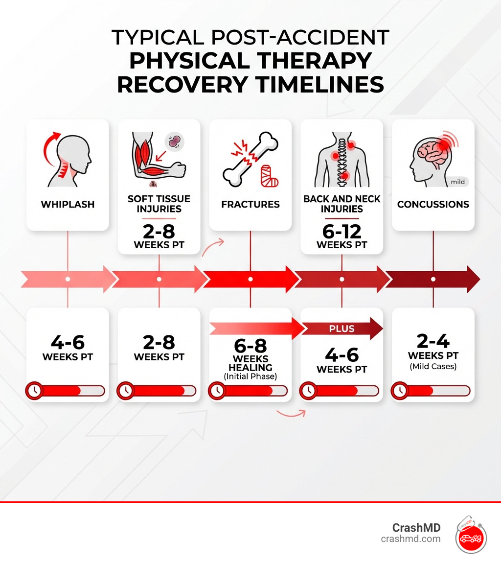 Infographic showing the most common car accident injuries (whiplash, back pain, soft tissue injuries, fractures, concussions) with their typical physical therapy recovery timelines: whiplash 4-6 weeks, soft tissue injuries 2-8 weeks, fractures 6-8 weeks plus 4-6 weeks PT, back and neck injuries 6-12 weeks, concussions 2-4 weeks for mild cases - physical therapy after crash infographic Infographic showing the most common car accident injuries (whiplash, back pain, soft tissue injuries, fractures, concussions) with their typical physical therapy recovery timelines: whiplash 4-6 weeks, soft tissue injuries 2-8 weeks, fractures 6-8 weeks plus 4-6 weeks PT, back and neck injuries 6-12 weeks, concussions 2-4 weeks for mild cases - physical therapy after crash infographic