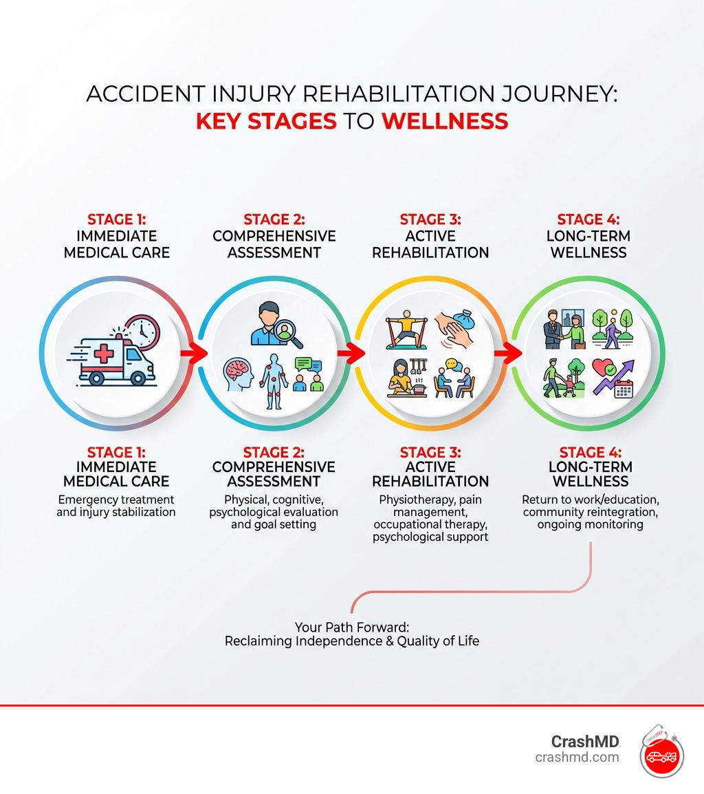 Infographic showing the key stages of accident injury rehabilitation: Stage 1 - Immediate Medical Care (Emergency treatment and injury stabilization), Stage 2 - Comprehensive Assessment (Physical, cognitive, psychological evaluation and goal setting), Stage 3 - Active Rehabilitation (Physiotherapy, pain management, occupational therapy, psychological support), Stage 4 - Long-Term Wellness (Return to work/education, community reintegration, ongoing monitoring) - accident injury rehabilitation infographic Infographic showing the key stages of accident injury rehabilitation: Stage 1 - Immediate Medical Care (Emergency treatment and injury stabilization), Stage 2 - Comprehensive Assessment (Physical, cognitive, psychological evaluation and goal setting), Stage 3 - Active Rehabilitation (Physiotherapy, pain management, occupational therapy, psychological support), Stage 4 - Long-Term Wellness (Return to work/education, community reintegration, ongoing monitoring) - accident injury rehabilitation infographic