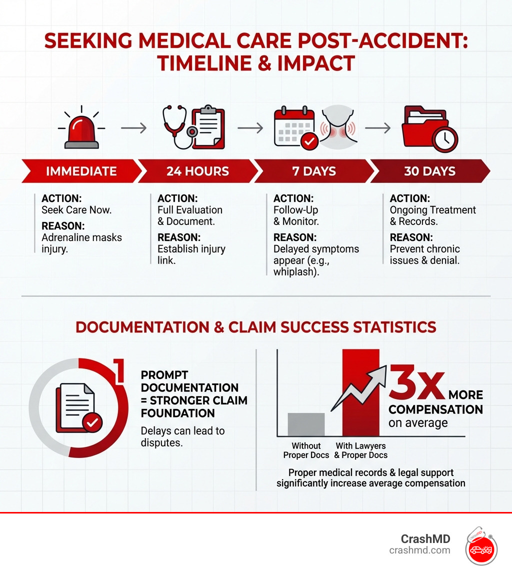 infographic showing timeline of seeking medical care after accident with key actions at immediate, 24 hours, 7 days, and 30 days marks, plus statistics on injury documentation and claim success rates - seeking medical treatment after car accident infographic 