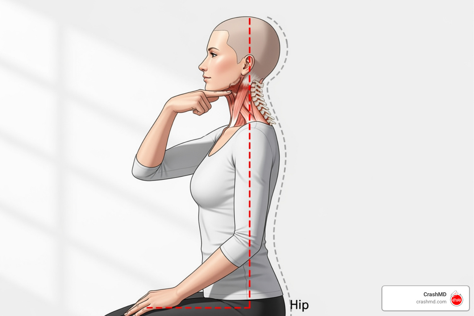 An illustration showing a person performing a chin tuck exercise, demonstrating proper head and neck alignment. - physical therapy after crash An illustration showing a person performing a chin tuck exercise, demonstrating proper head and neck alignment. - physical therapy after crash