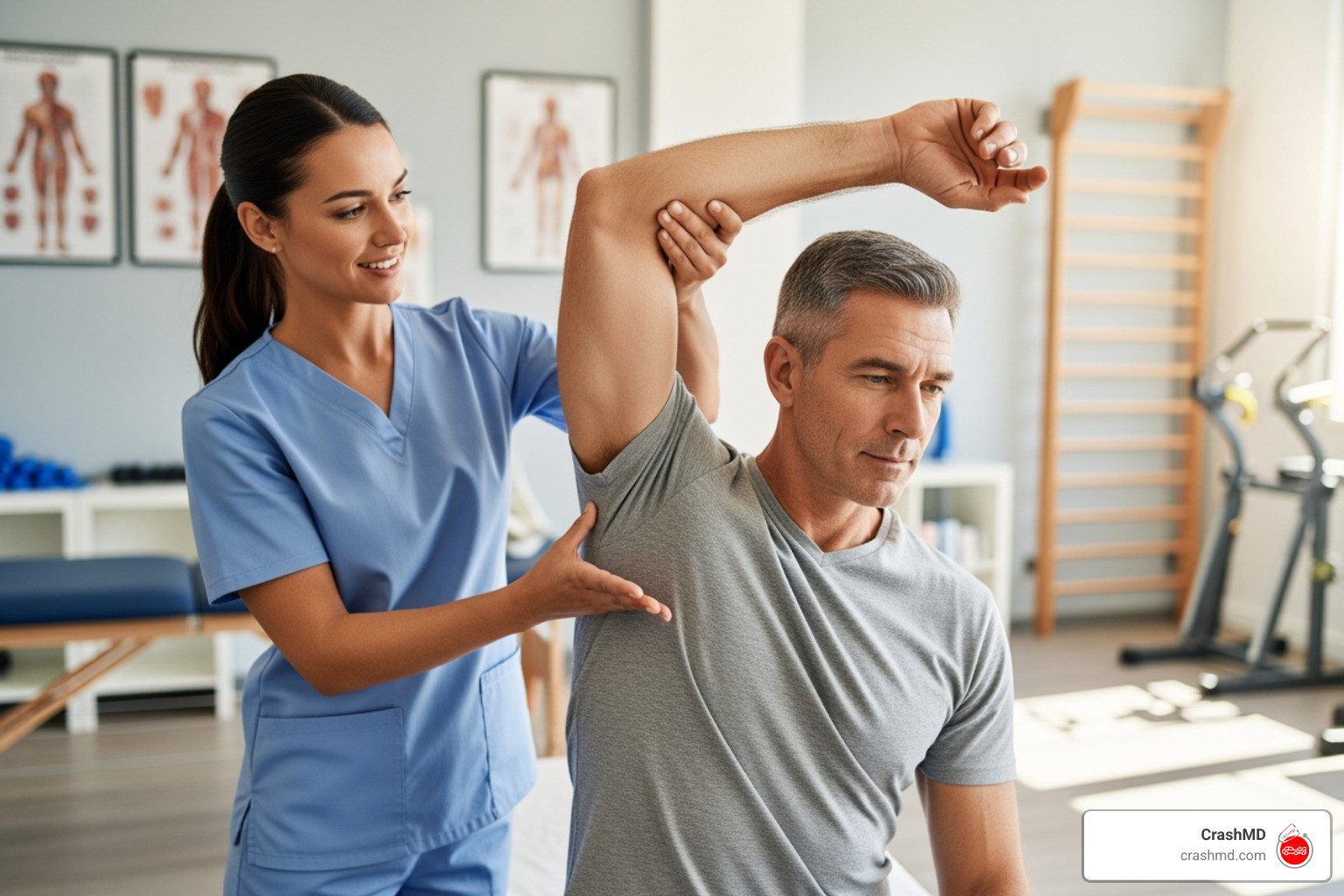 A physical therapist performs a range-of-motion assessment on a patient's shoulder, gently moving their arm. - physical therapy after crash A physical therapist performs a range-of-motion assessment on a patient's shoulder, gently moving their arm. - physical therapy after crash
