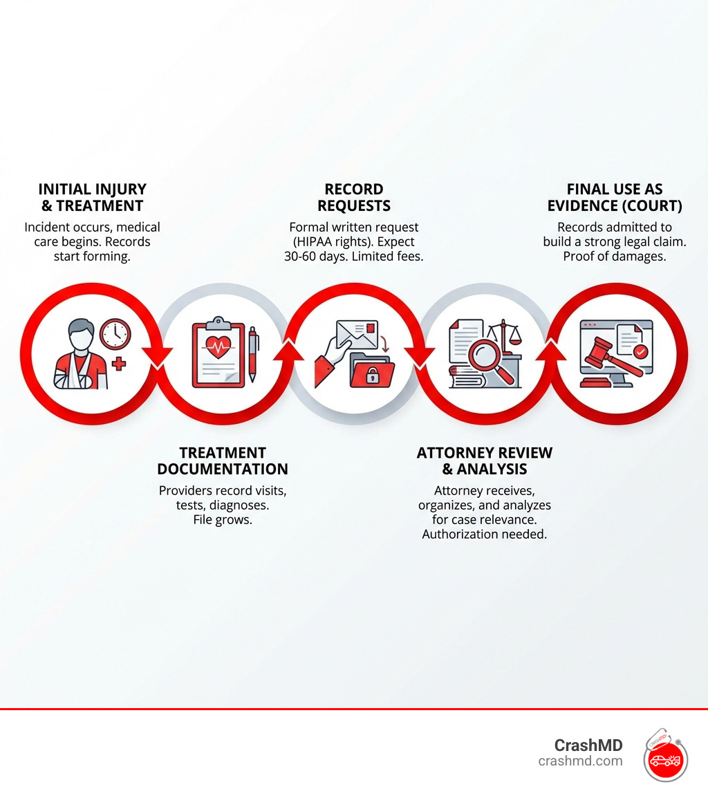 infographic showing the process of obtaining medical records for a lawsuit, from initial injury through treatment documentation, record requests, attorney review, and final use as evidence in court proceedings - Medical records for lawsuit infographic 