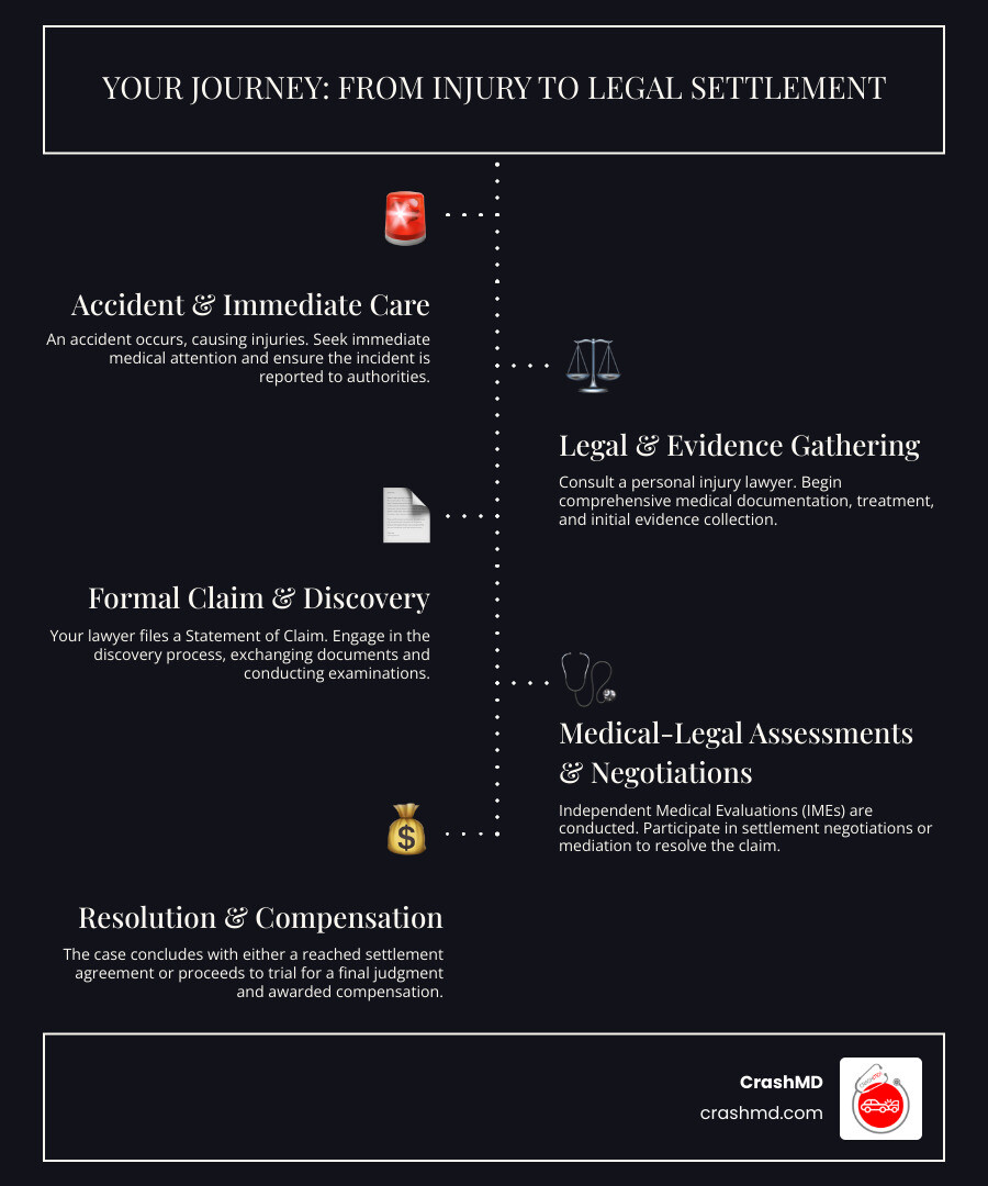 Infographic showing the personal injury legal process: 1. Accident occurs and injuries sustained, 2. Seek immediate medical attention and report incident, 3. Medical documentation and treatment begins, 4. Consult personal injury lawyer, 5. Investigation and evidence gathering including medical-legal assessments, 6. File Statement of Claim within limitation period, 7. Discovery process with document exchange and examinations, 8. Independent Medical Evaluations (IMEs) conducted, 9. Negotiations and potential mediation, 10. Settlement reached or case proceeds to trial, 11. Final compensation awarded - injury assessment legal infographic infographic-line-5-steps-dark