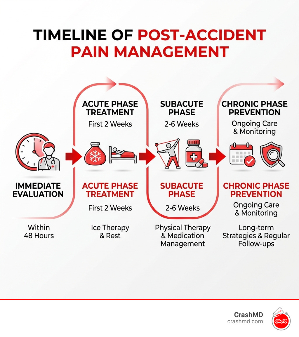 infographic showing timeline of post-accident pain management: immediate evaluation within 48 hours, acute phase treatment in first 2 weeks with ice therapy and rest, subacute phase at 2-6 weeks with physical therapy and medication management, and chronic phase prevention through ongoing care and monitoring - pain management after car accident infographic 