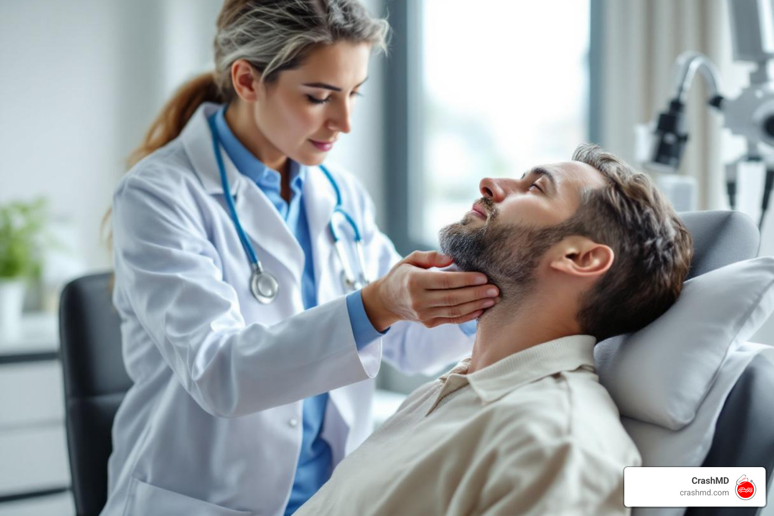 Doctor performing neck examination - whiplash treatment clinic Doctor performing neck examination - whiplash treatment clinic