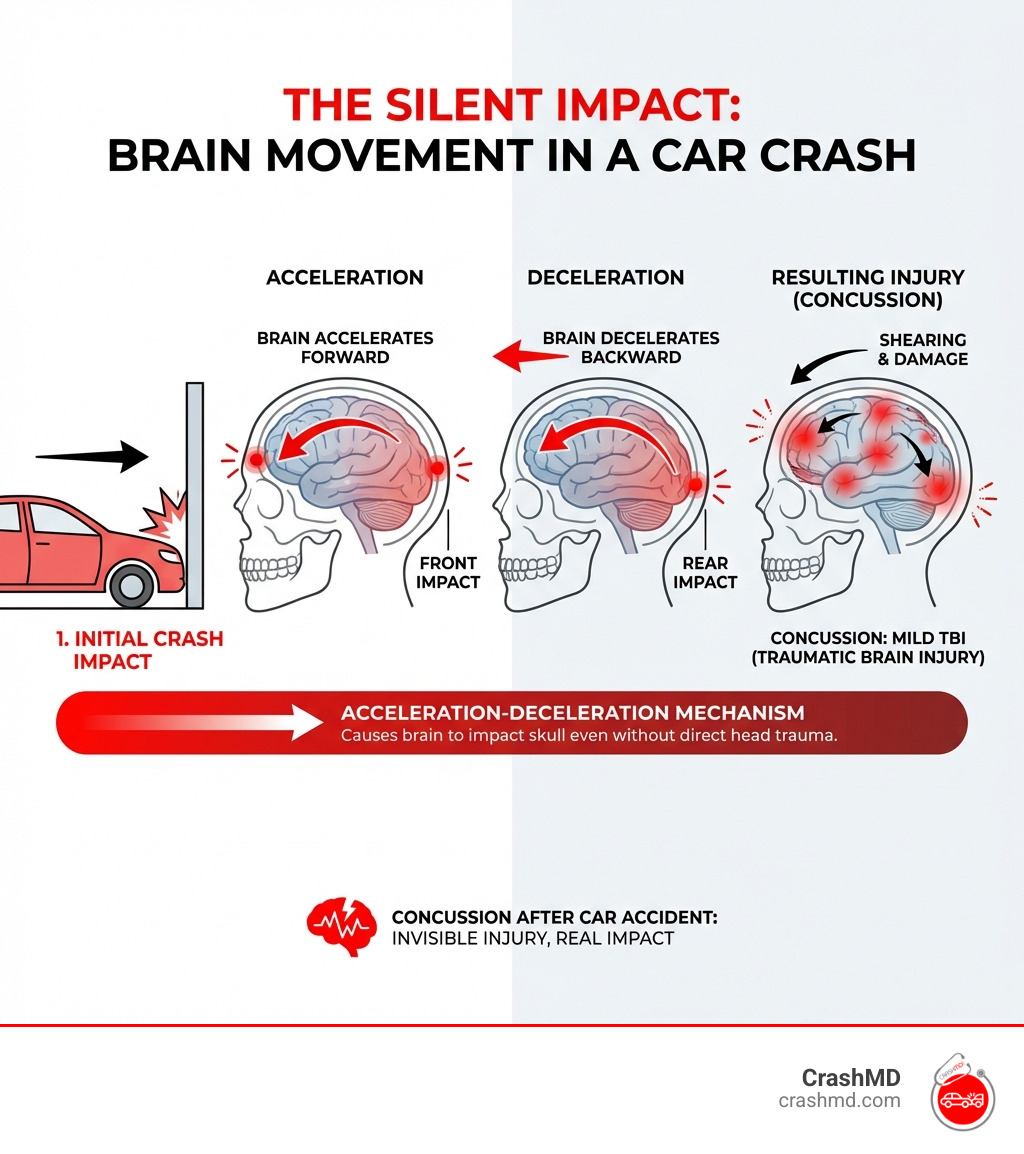infographic showing how the brain moves inside the skull during a car crash, illustrating the acceleration-deceleration mechanism that causes concussions even without direct head impact, with labeled stages of impact, brain movement, and resulting injury - Concussion after car accident infographic infographic showing how the brain moves inside the skull during a car crash, illustrating the acceleration-deceleration mechanism that causes concussions even without direct head impact, with labeled stages of impact, brain movement, and resulting injury - Concussion after car accident infographic