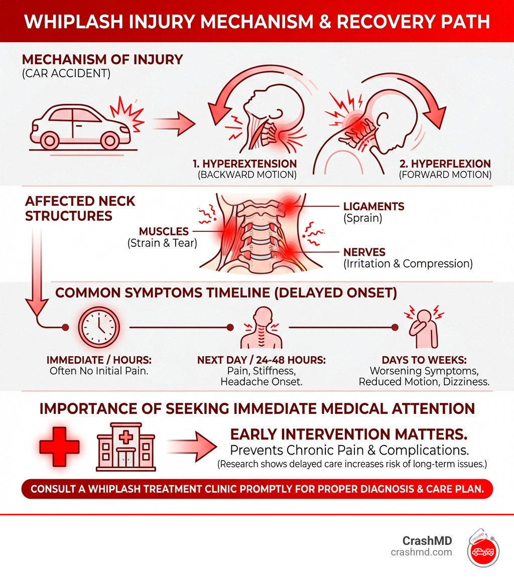 Infographic showing the mechanism of whiplash injury during a car accident, depicting the head's rapid forward and backward motion, affected neck structures including muscles, ligaments, and nerves, common symptoms timeline, and the importance of seeking immediate medical attention - whiplash treatment clinic infographic Infographic showing the mechanism of whiplash injury during a car accident, depicting the head's rapid forward and backward motion, affected neck structures including muscles, ligaments, and nerves, common symptoms timeline, and the importance of seeking immediate medical attention - whiplash treatment clinic infographic
