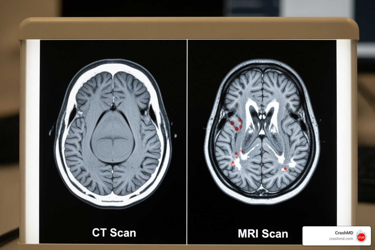 side-by-side comparison of a TBI on a CT scan versus an MRI, highlighting different types of brain damage - Traumatic brain injury assessment side-by-side comparison of a TBI on a CT scan versus an MRI, highlighting different types of brain damage - Traumatic brain injury assessment