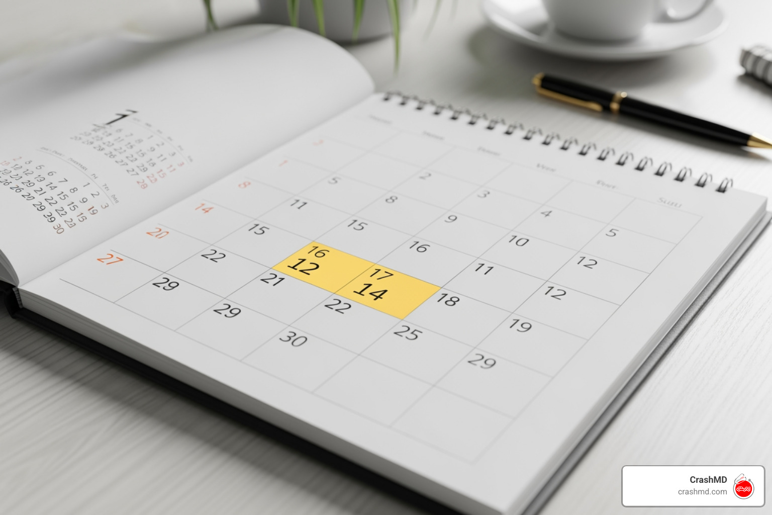 calendar with first 14 days highlighted - pain management after car accident