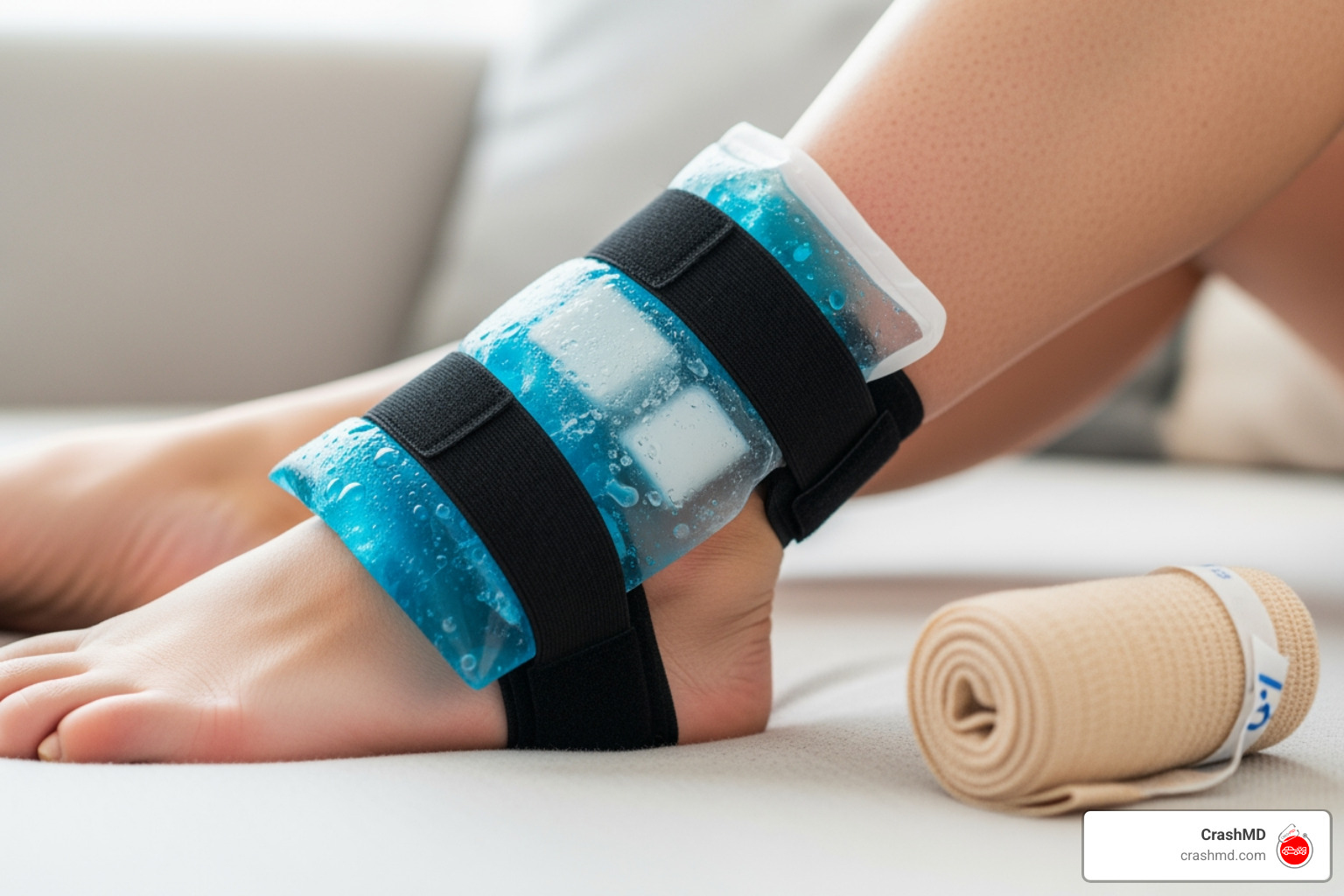 ice pack on an ankle and a compression bandage nearby - injury recovery process