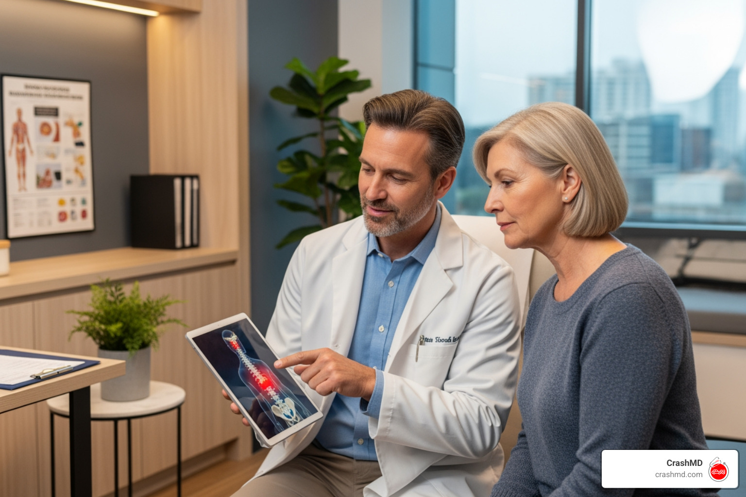 patient consulting with a pain management doctor, looking at a tablet - injury recovery process