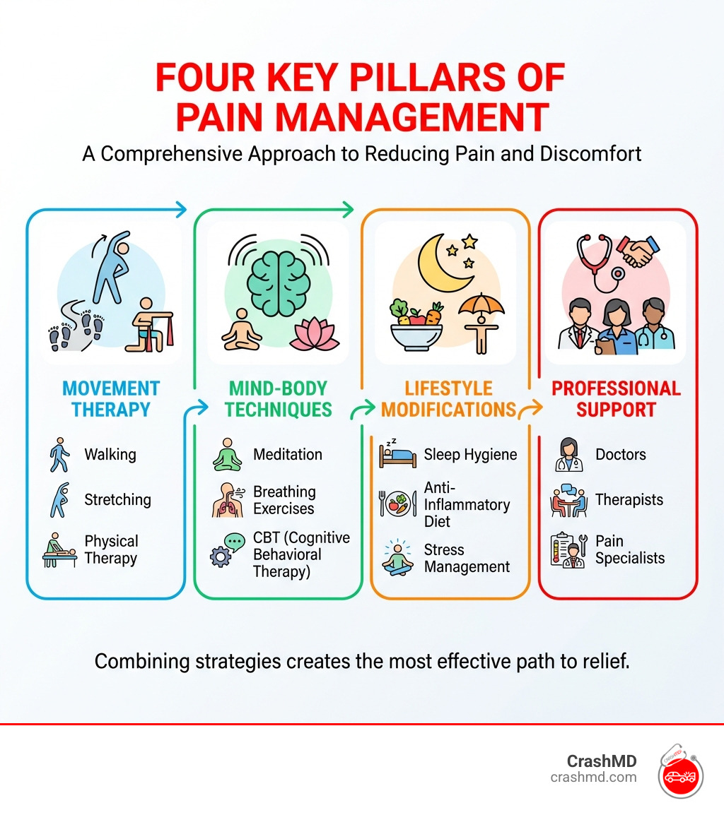 infographic showing four key pillars of pain management: Movement Therapy (walking, stretching, physical therapy), Mind-Body Techniques (meditation, breathing, CBT), Lifestyle Modifications (sleep hygiene, anti-inflammatory diet, stress management), and Professional Support (doctors, therapists, pain specialists) - how to reduce pain and discomfort infographic infographic showing four key pillars of pain management: Movement Therapy (walking, stretching, physical therapy), Mind-Body Techniques (meditation, breathing, CBT), Lifestyle Modifications (sleep hygiene, anti-inflammatory diet, stress management), and Professional Support (doctors, therapists, pain specialists) - how to reduce pain and discomfort infographic