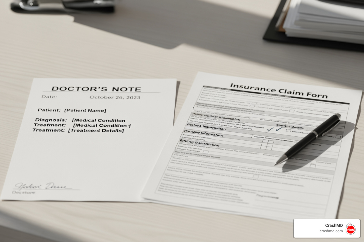 doctor's note and an insurance claim form side-by-side - car accident doctor note for work doctor's note and an insurance claim form side-by-side - car accident doctor note for work