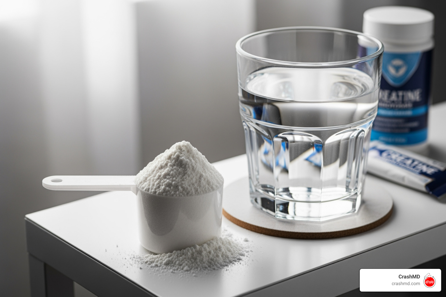 Creatine monohydrate powder next to a glass of water - creatine for injury recovery Creatine monohydrate powder next to a glass of water - creatine for injury recovery