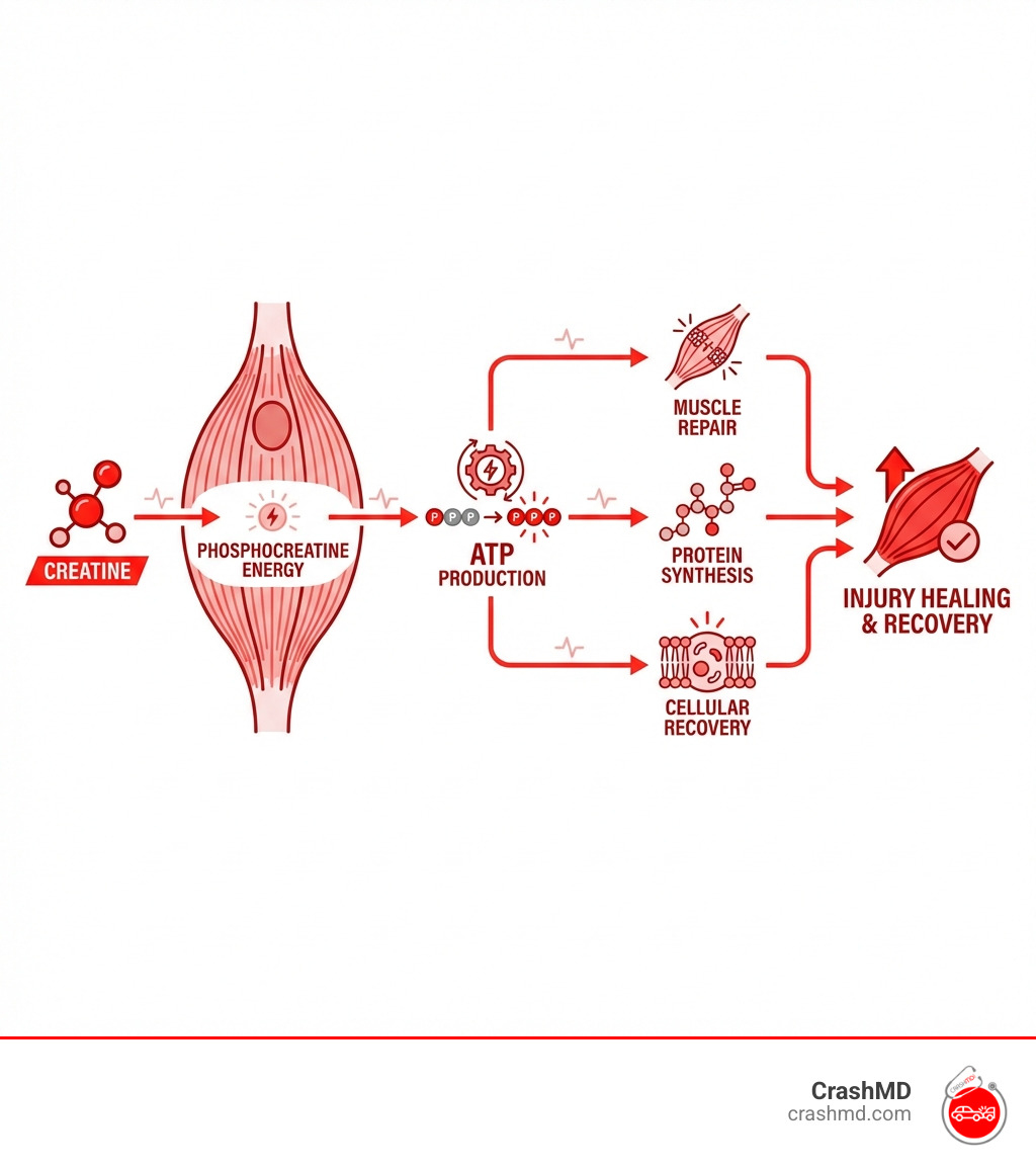 Infographic showing how creatine provides phosphocreatine energy to muscle cells for ATP production, which powers muscle repair, protein synthesis, and cellular recovery processes during injury healing - creatine for injury recovery infographic Infographic showing how creatine provides phosphocreatine energy to muscle cells for ATP production, which powers muscle repair, protein synthesis, and cellular recovery processes during injury healing - creatine for injury recovery infographic