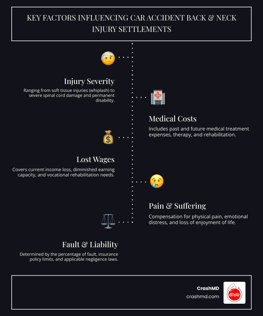 Infographic showing five key factors that influence car accident back and neck injury settlements: 1) Injury Severity (ranging from soft tissue to spinal cord damage), 2) Medical Costs (past and future treatment expenses), 3) Lost Wages (current income loss and future earning capacity), 4) Pain & Suffering (physical pain, emotional distress, loss of quality of life), and 5) Fault & Liability (percentage of fault, insurance policy limits, comparative negligence laws) - average settlement for car accident back and neck injury infographic infographic-line-5-steps-dark